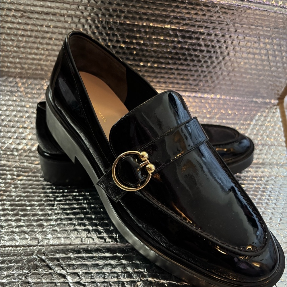 Stuart Weitzman Black and Gold Slip-On Loafers